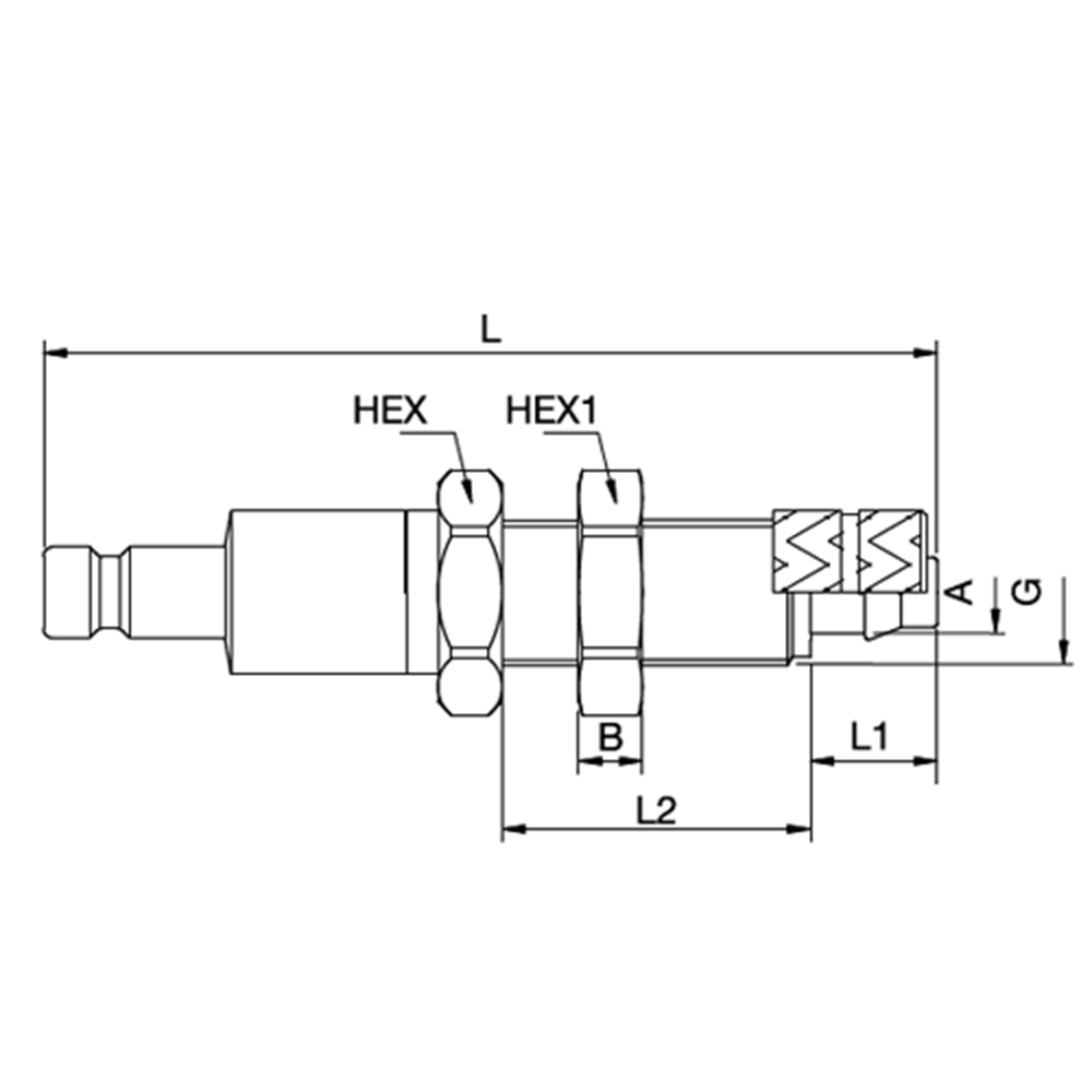 Serie 20 - Double Shut-Off Han Lynkobling (med ventil) - Panelmonteret Med Plastikslange samling - Rustfrit stål