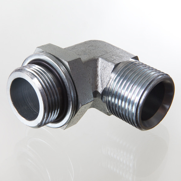 Hydr. Adaptor, Vinkel 90 °: Han/Han - BSP, O-ring and retaining ring / BSP, Udkravning, 60 °