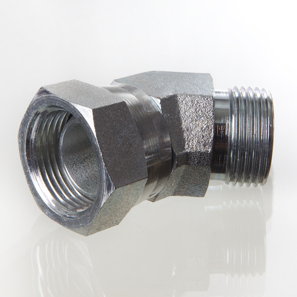 Hydr. Adaptor, Vinkel 45 °: Omløber/Han - BSP, Konus, 60 ° / BSP, Udkravning, 60 °